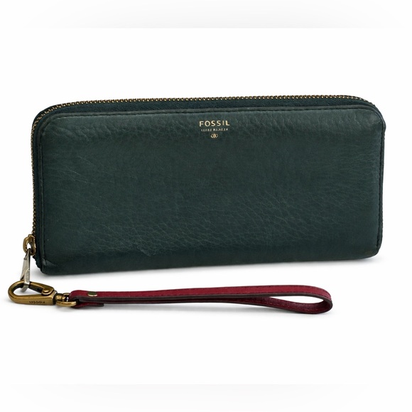Fossil Handbags - Vintage Fossil Dark Green Leather Zip Around Continental Wallet Wristlet